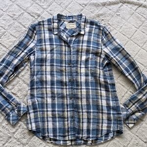 Current/Elliot Linen Slim Boy Shirt Women's 2 Blue Picnic Plaid Long Sleeve.